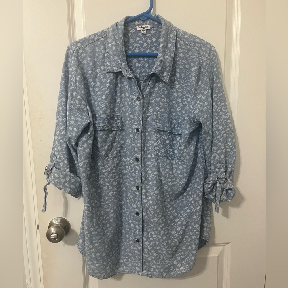 Splendid button floral denim‎ blue blouse Large